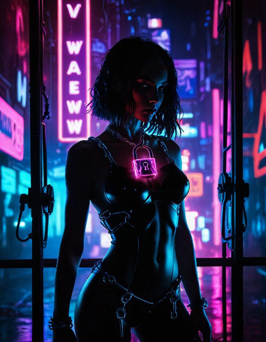 A visually striking representation of NSFW content with a balance of tasteful sensuality and explicit adult themes; featuring a collage of silhouettes and symbols such as a locked padlock, an 18+ warning sign, and a seductive figure partially obscured by soft, glowing lights; the background should blend vibrant neon colors with a dark, mysterious ambiance. cyberpunk. vibrant colors. dark background.