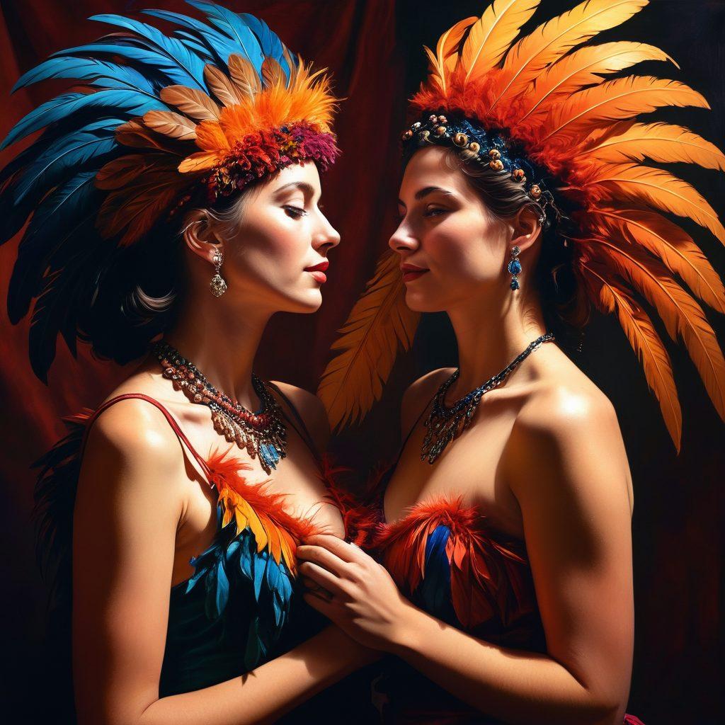 An enticing and mysterious scene with two adults in semi-shadowed light, engaging in playful and provocative interaction. Use rich, deep colors to convey passion while incorporating elements of playful teasing, such as feathers or playful costumes. Ensure the background hints at an intimate, cozy environment without explicit details. painting. vibrant colors. semi-realistic