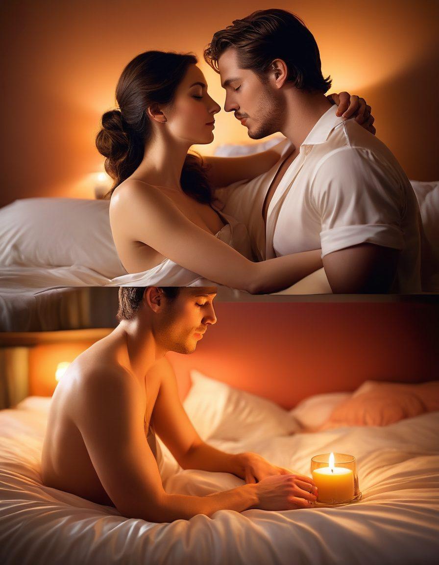 A montage of sensual, provocative scenes featuring couples in intimate settings - candle-lit rooms, silk sheets, and dim lighting. The background should have elements of soft, warm tones and subtle shadows, highlighting the passion and romance. The expressions should convey deep connection and allure, without being explicit or vulgar. super-realistic. vibrant colors. dim background.